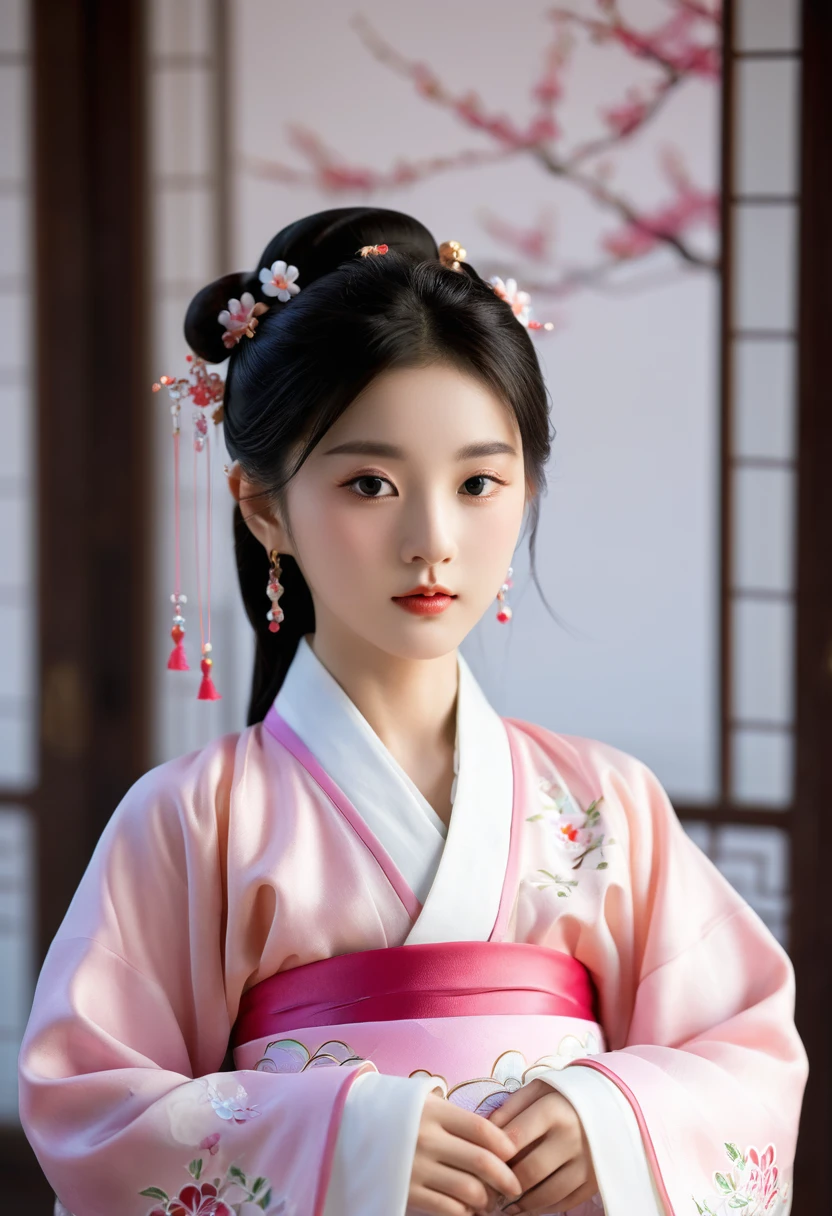 There is a cartoon little girl wearing a skirt, Chinese dress, Hanbok apron, Chinese Clothing, Chinese traditional clothing, Close-up - View, Hanbok, wearing ancient Chinese Clothing, with ancient Chinese Clothing, palace, Girl wearing Hanfu, White Hanfu, cheongsam, Wearing pink flower chiton, Shadow Room, Light Edge, Two-color lighting, (High Detail Skin: 1.2), 8K uhd, Digital SLR Camera, Soft Light, high quality, Volumetric Lighting, Sneak Peek, photo, high resolution, 4K, 8K, blur background