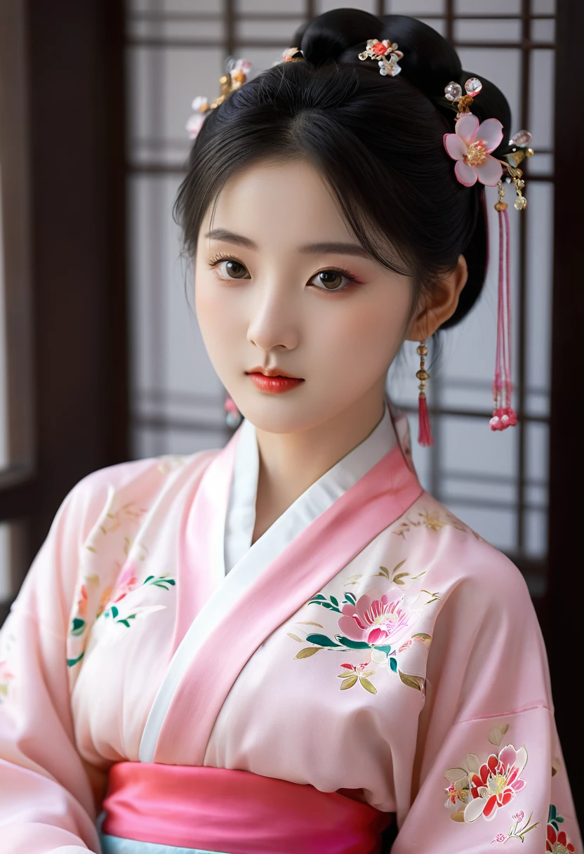 There is a cartoon wearing a skirt, Chinese dress, Hanbok apron, Chinese Clothing, Chinese traditional clothing, Close-up - View, Hanbok, wearing ancient Chinese Clothing, with ancient Chinese Clothing, palace, Girl wearing Hanfu, White Hanfu, cheongsam, Wearing pink flower chiton, Shadow Room, Light Edge, Two-color lighting, (High Detail Skin: 1.2), 8K uhd, Digital SLR Camera, Soft Light, high quality, Volumetric Lighting, Sneak Peek, photo, high resolution, 4K, 8K, blur background