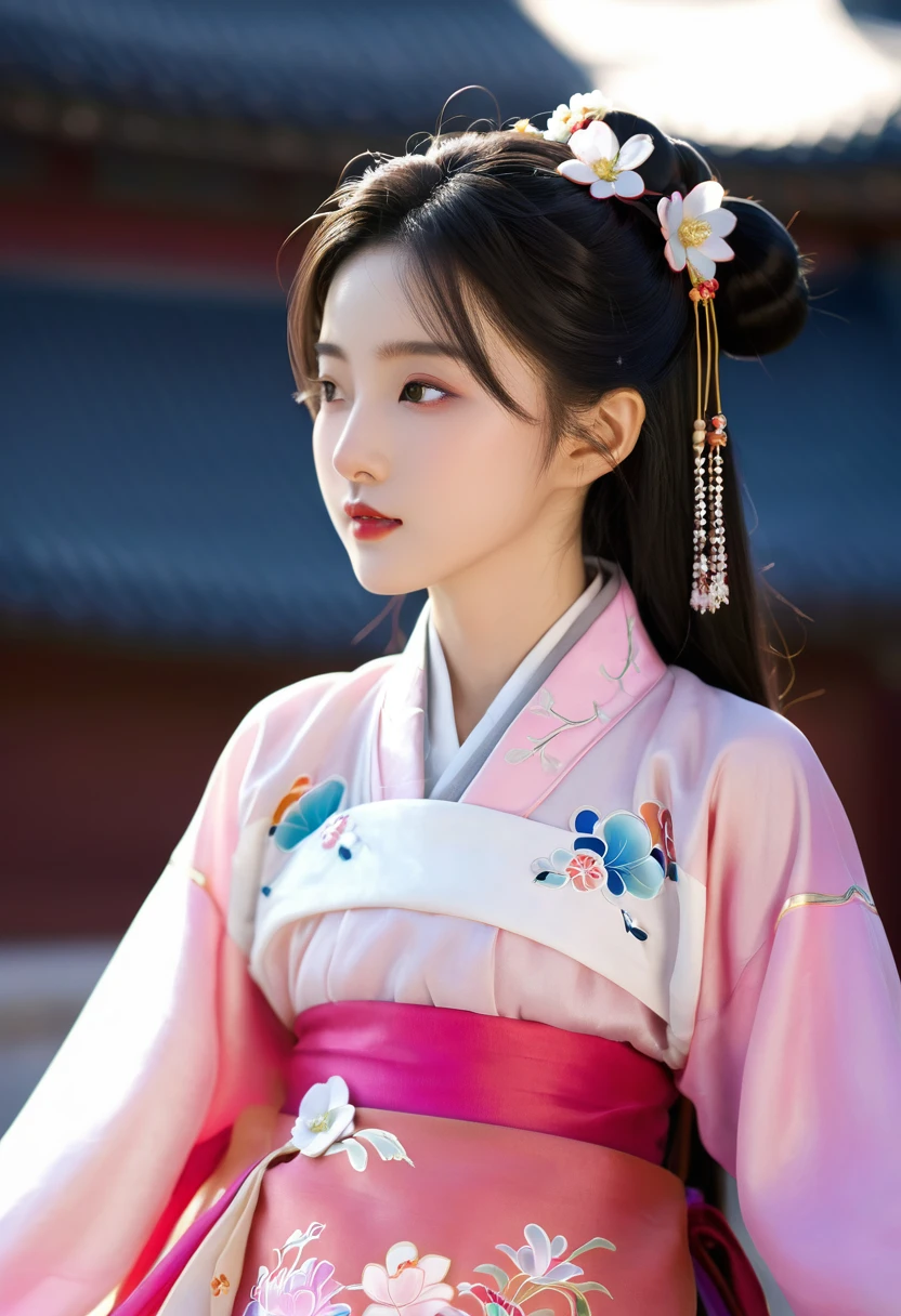 There is a cartoon little girl wearing a skirt, Chinese dress, Hanbok apron, Chinese Clothing, Chinese traditional clothing, Close-up - View, Hanbok, wearing ancient Chinese Clothing, with ancient Chinese Clothing, palace, Girl wearing Hanfu, White Hanfu, cheongsam, Wearing pink flower chiton, Shadow Room, Light Edge, Two-color lighting, (High Detail Skin: 1.2), 8K uhd, Digital SLR Camera, Soft Light, high quality, Volumetric Lighting, Sneak Peek, photo, high resolution, 4K, 8K, blur background