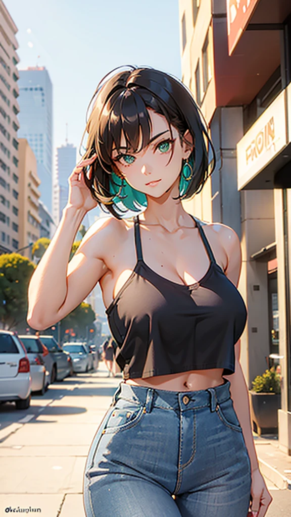 She has deep green eyes, a sculpted face with delicate features, a defined jawline, and slightly rounded cheekbones. She is wearing a modern outfit: a stylish cropped top and short denim shorts. Her new look includes a freshly styled hairdo, loose and wavy, giving her a radiant and elegant appearance. The background is a modern cityscape, capturing the essence of urban life.