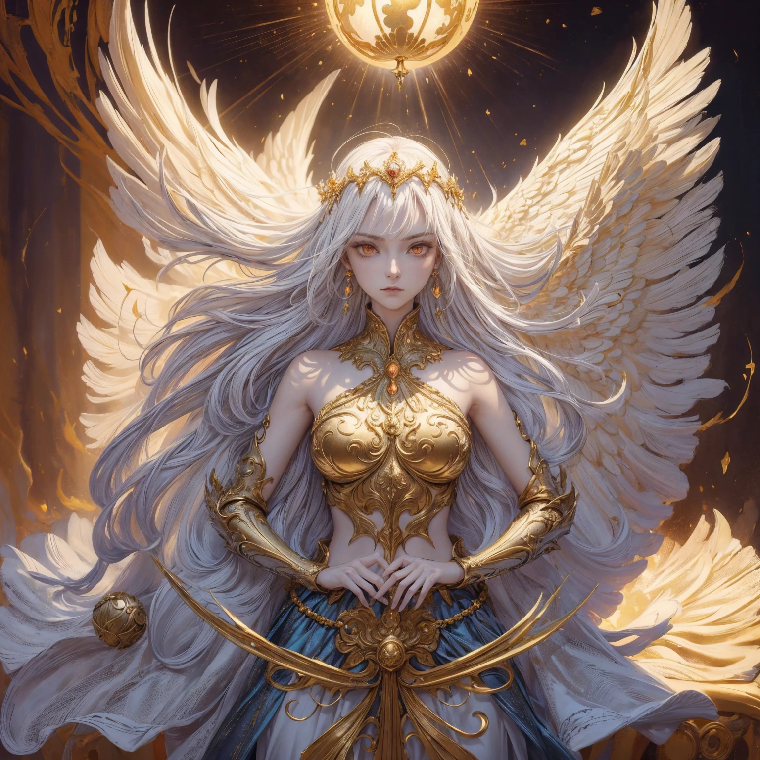 Art of Woman Wearing Sun Crown, Wearing a gorgeous golden breastplate that exposes a small amount of skin above the chest, Wearing a gorgeous golden dress, A pair of giant angel wings taller than the body spread out behind the woman., ancient goddess art, Sacredness. Very detailed, Mysterious inspiration, Inspiration from the Sun God, Religious inspiration, A divine background, Cold and snobbish face, Dangerous expressions, White hair, Standing pose floating in the air, One hand snapped its fingers while the other held a brilliant sphere as bright as the sun., Full body portrait, Gothic art style, Weird art style, Occult art, Aura of angels, contempt eyes, Divine light, Wide-angle lens, Upward Shot