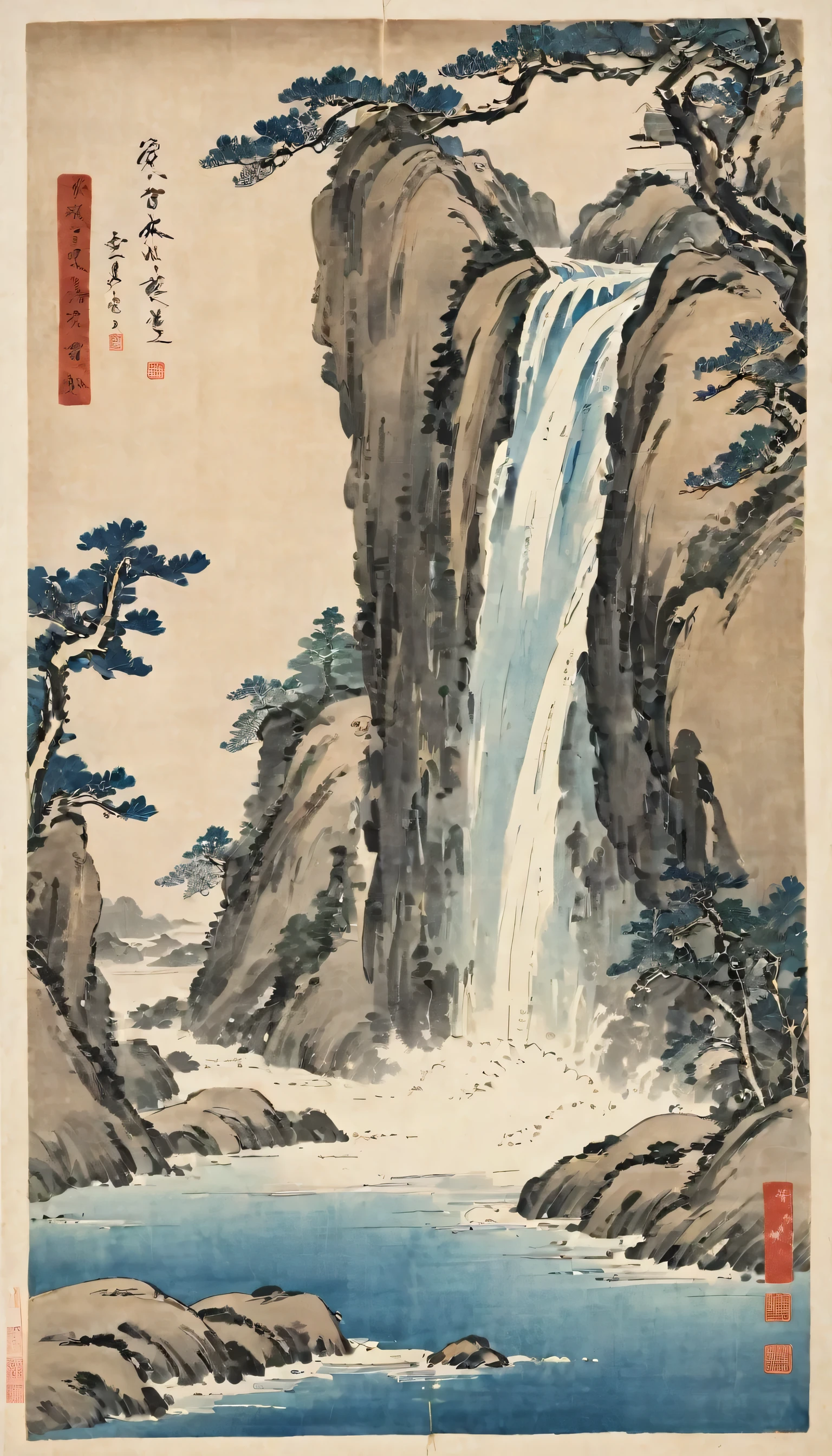 Katsushika Hokusai、vague、Mont、cliff、A waterfall falling from a height、Splash、Rock surface、Ink and watercolor、Light tones、Large brush letters、Chinese Text、Ink Painting、calligraphy,、Chinese character、Fading of Japanese paper、Washi paper folds、the art of chinese calligraphy、Text Overlay