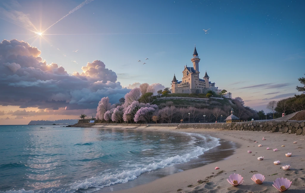 castle, Flowers, Delicate scene, Sky, Baiyun, The sun shines on the snow-white beach. birds, pink Flowers and bright big shells, diamond crystal, on the beach, fantasy, night Sky, moon, smoke, fire, photo, HD, 8k, UHD, Super detailed, high quality, 1080P  