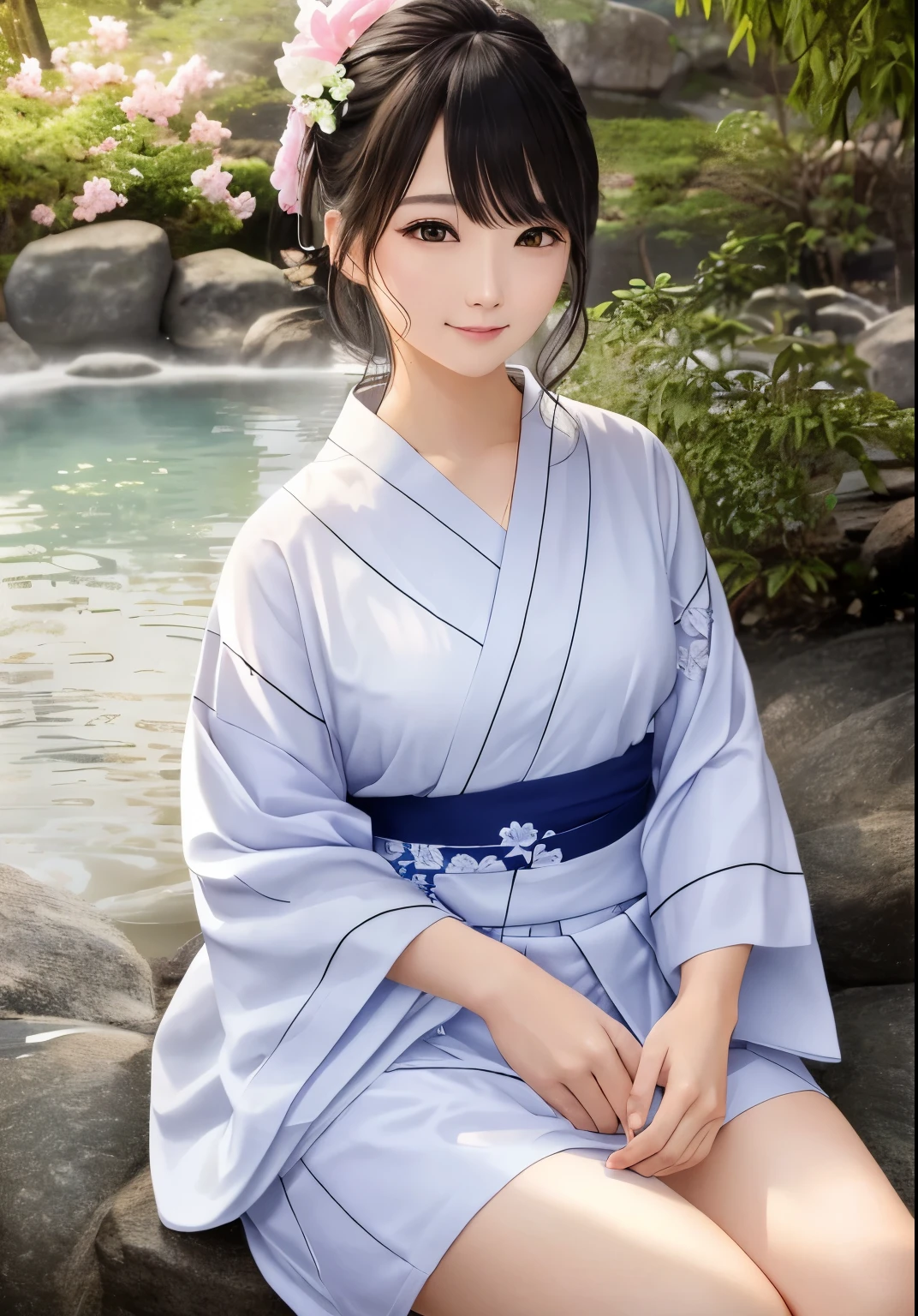 Calm photo、Beauty female 1 person、Ultra-detailed illustrations、Highly detailed face、RAW Photos、Skin pores、A beautiful woman in a yukata、hot spring、