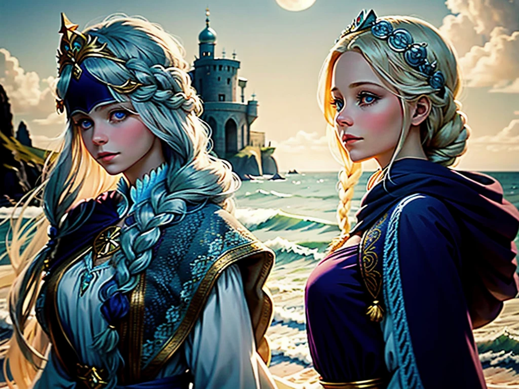 there is one girl coming out of the sea, the Swan Princess from Russian mythology, a beautiful calm face, blue eyes, blond long hair braided into one braid, the moon moon is woven into the hair on the back of the head, white old Russian shining clothes, a kokoshnik crown on her head, an affectionate look, a half-smile, a gentle expression on his face, a background seascape and sunlight, seagulls in the sky, full-length,  Photorealism
