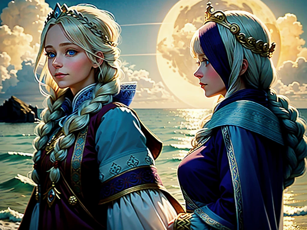there is one girl coming out of the sea, the Swan Princess from Russian mythology, a beautiful calm face, blue eyes, blond long hair braided into one braid, the moon moon is woven into the hair on the back of the head, white old Russian shining clothes, a kokoshnik crown on her head, an affectionate look, a half-smile, a gentle expression on his face, a background seascape and sunlight, seagulls in the sky, full-length, Photorealism