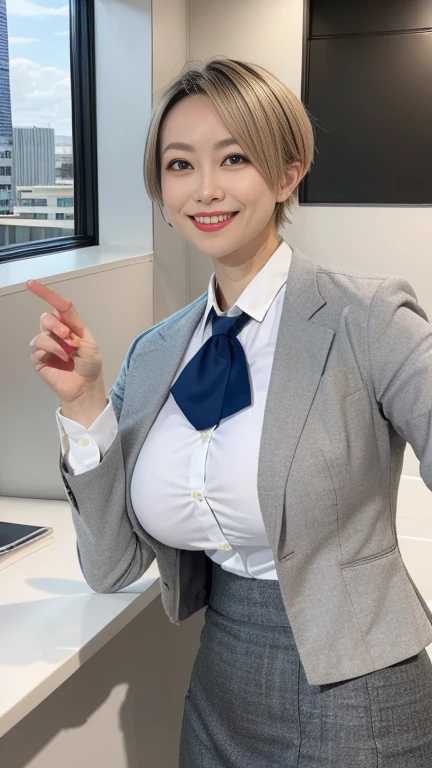 In 8K、Ultra-high resolution、Highest quality、Masseter muscle area、Photorealistic、Ultra-high resolution、(Huge 、Quite large breasts、Toned body:1.3)(Always an office lady、Wet white shirt、must wear a gray tight skirt and jacket、Office in a high rise building:1.3)(Dark blonde hair and extremely short hair、Japanese women、very cute、Cute Smile:1.28)Black Pin Heels