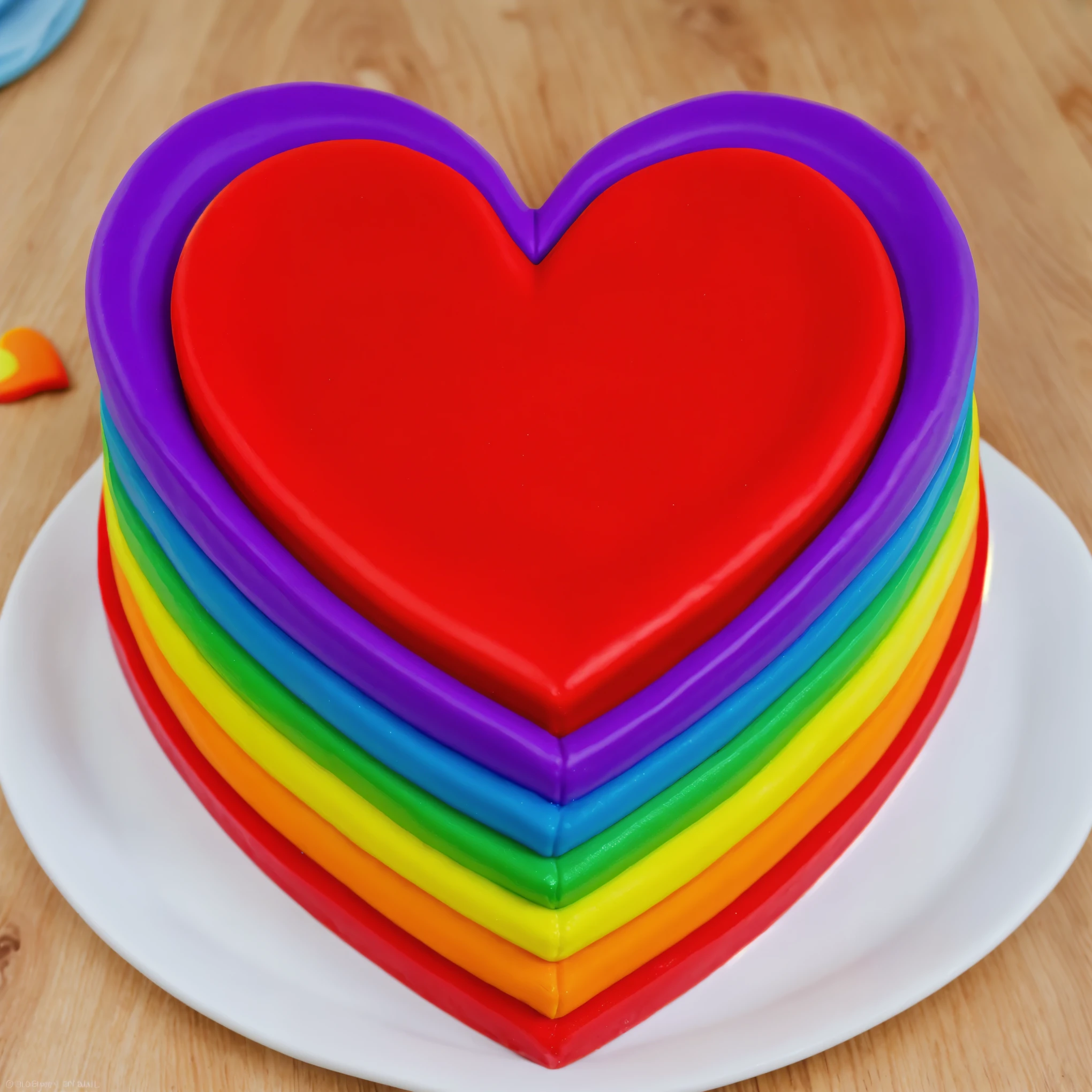 ON a beige wooden table, There is a rainbow heart-shaped cake made of polymer clay on a white plate.. rainbow polymer clay tubes. Beautiful light from the window, Beautiful sunlight, realistic style , realistic texture, detailed texture, a high resolution, high quality, macro photography 