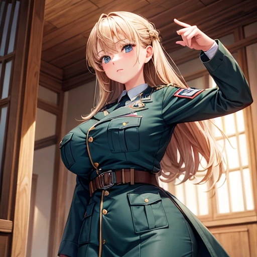 A girl who wears military clothes, brown heirs, gigantic breasts, anime cartoon, german third reich, long heirs,((highest quality)), ((masterpiece)),details, bleu eyes