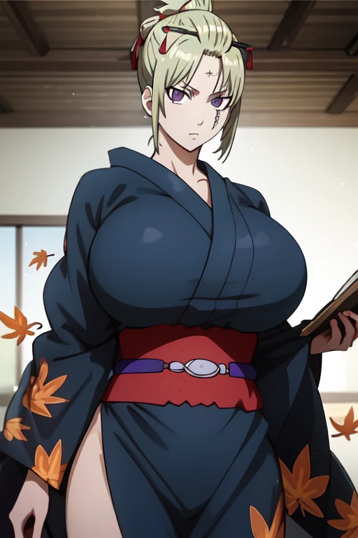 High resolution, Sharp focus, pixiv masterpiece, ((Intricate details)), Very detailed, Key Visual, One Girl, tsukuyo, Kimono with autumn leaf pattern, Black kimono, blonde, Purple eyes, Cowboy Shot, Displaying the viewer,  kunaboto style,(((Huge breasts)))