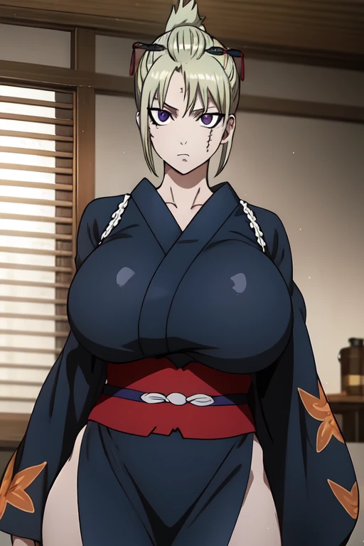 High resolution, Sharp focus, pixiv masterpiece, ((Intricate details)), Very detailed, Key Visual, One Girl, tsukuyo, Kimono with autumn leaf pattern, Black kimono, blonde, Purple eyes, Cowboy Shot, Displaying the viewer,  kunaboto style,(((Huge breasts)))