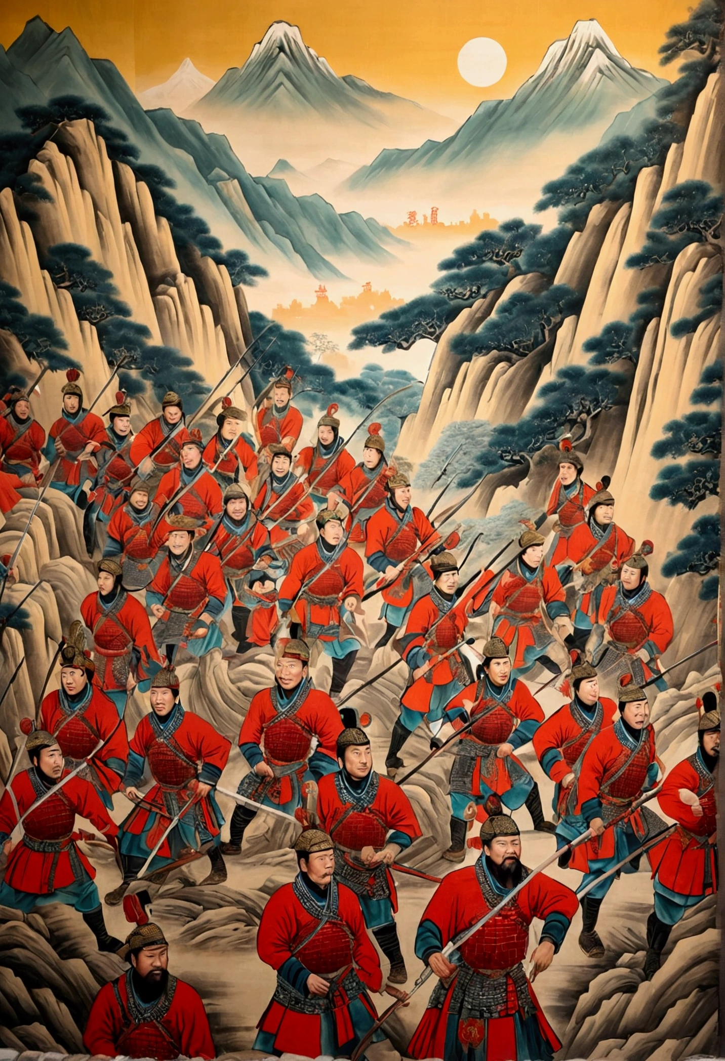 intricate details,masterpiece,8k,highres,best quality,highest texture,realistic,nature light,perfect shadow,clear detailed face,
<lora:add_detail:0.3>, <lora:Xiaorenshu_v20:0.7>,
ancient china, three kingdom of romance, historical battlefield,landscape,field,strong wind,empty,
Cao Cao's armored cavalry crushed the defending soldiers of Wuchao's base at night and burned Yuan Shao's provisions,
everyone alarm,holding weapon,massacre \(Violent and bloody,limbs everywhere,Strewn with dead bodies and ruins\),
(((all faces must be different, use all spectre of your different emotions from happiness to anger, do what you want and how you want))).