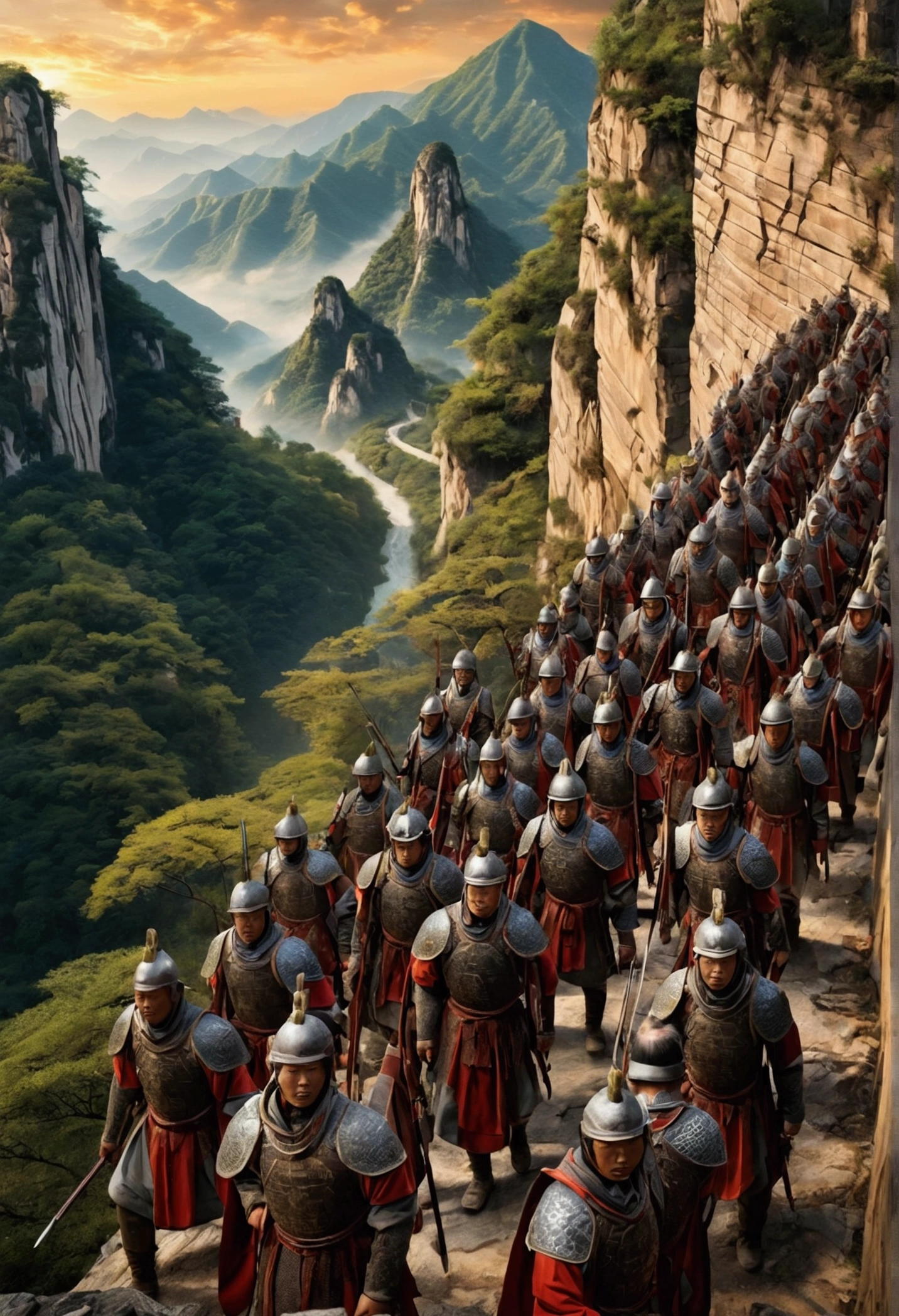 mural,Many soldiers in ancient Chinese armor,Escape to the mountains,At the foot of the mountain, Another group of soldiers surrounded them.,The view is amazing