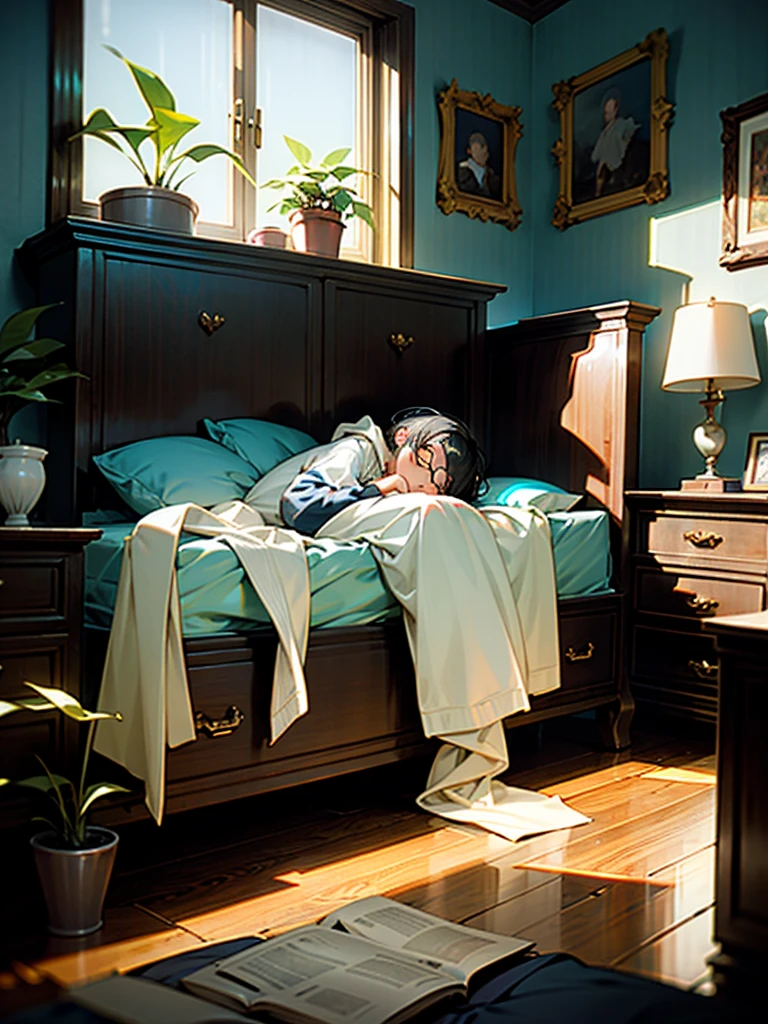 1girl, short hair, wearing white hoodie and black shorts, inside the bedroom, in the bed, sitting, sleepy expression, morning, there are few books inside the room, a dresser with glasses, alarm and some plants on pot on top of the dresser, wooden floor, some stuff in the wall like calendar, clock, warming calm ambience, light coming from the window, masterpiece, ultrahd, 4K