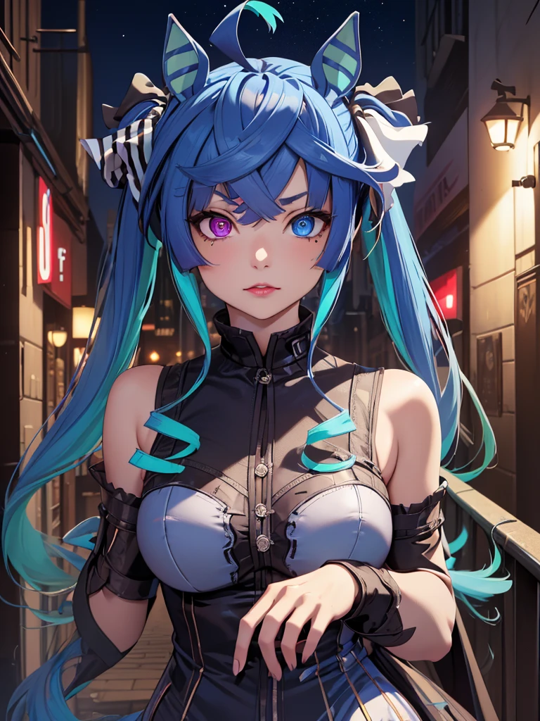 (Masterpiece, best quality, high res、highly detailed cg: 1),(((prostitutes))),((pov, Narrow eyes, Seductive)), lipstick, touts, nightlife、nsfw, Night town, Twin_Turbo_Umamusume, aqua hair, twintails, heterochromia, purple eyes, blue eyes, small breasts, horse tail