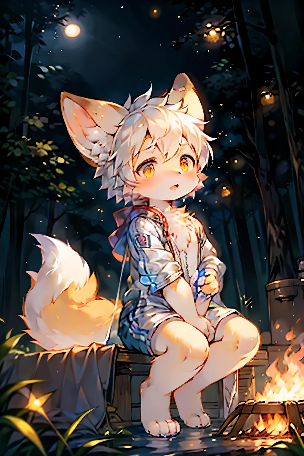 Forest bright background，Fox Girl，Furry girls，Infant and child characteristics，Pomelo skin，White hair，White Arm，Magic suit，shorts，camping