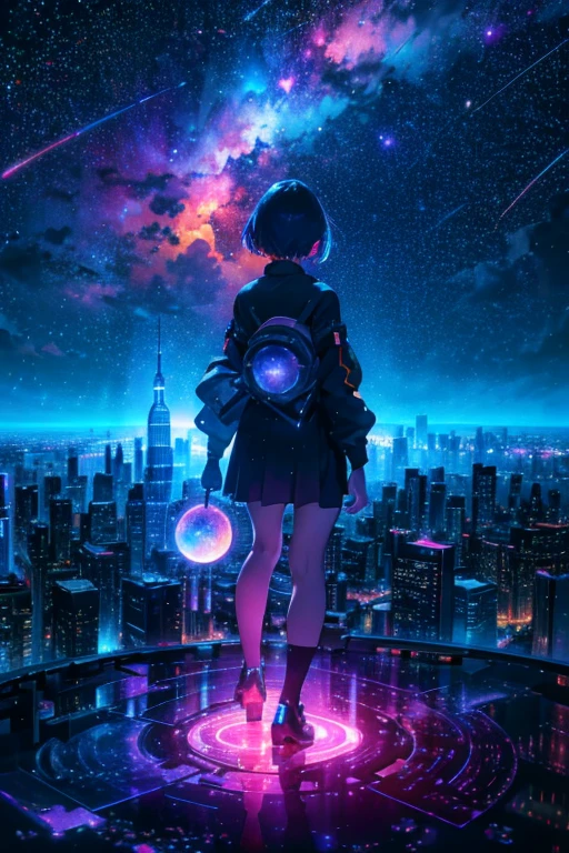 A short-haired girl stands under a vibrant, surreal night sky,Amazing, The heart of the future city, The towering skyscrapers are dwarfed by the cosmic wonders above, Colorful nebulae and shooting stars paint the clouds into a kaleidoscope of colors, The city lights are reflected in the puddles on the ground