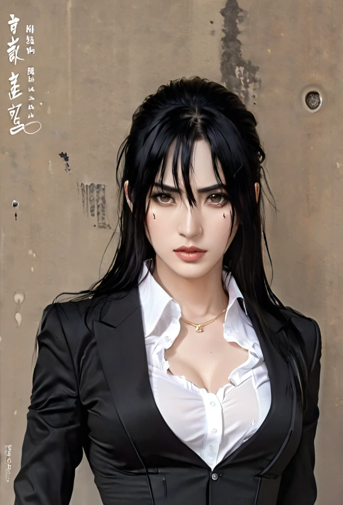 (masterpiece high quality, modern clothes) face focuss, 3x4 , 24 years, caitlyn, black hair, 1girl, long hair, bangs, black attire, normal , messy hair, white top suit, black clothes, anime style character, highly detailed exquisite fanart, realistc anime, black eyes, pistol on the waist
