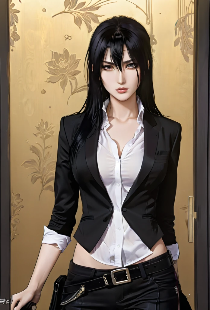 (masterpiece high quality, modern clothes) face focuss, 3x4 , 24 years, caitlyn, black hair, 1girl, long hair, bangs, black attire, normal , messy hair, white top suit, black clothes, anime style character, highly detailed exquisite fanart, realistc anime, black eyes, pistol on the waist
