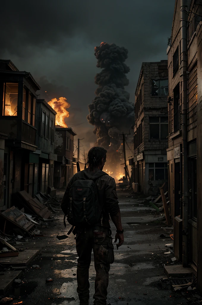 "Back view of a rugged and dirty man with a sturdy build, carrying a backpack, standing in the left corner of the image. He holds a blood-stained baseball bat in his hand, looking at a chaotic, deserted community after a zombie outbreak. In the distance, 3-4 zombies are wandering around aimlessly, and 2 more zombies are feasting on a corpse. The center of the image focuses on the chaotic town overrun by the zombie outbreak, with black smoke rising into the sky from burning fires. The smell of smoke and the eerie silence of the once-lively town create a terrifying and hopeless atmosphere in the daytime."