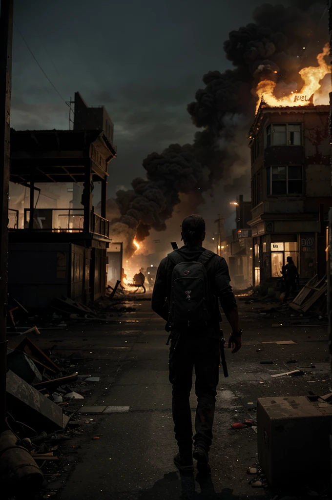 "Back view of a rugged and dirty man with a sturdy build, carrying a backpack, standing in the left corner of the image. He holds a blood-stained baseball bat in his hand, looking at a chaotic, deserted community after a zombie outbreak. In the distance, 3-4 zombies are wandering around aimlessly, and 2 more zombies are feasting on a ??????. The center of the image focuses on the chaotic town overrun by the zombie outbreak, with black smoke rising into the sky from burning fires. The smell of smoke and the eerie silence of the once-lively town create a terrifying and hopeless atmosphere in the daytime."