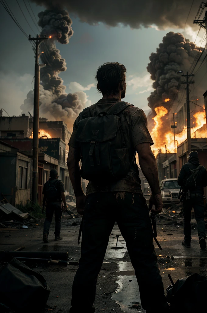"Back view of a rugged and dirty man with a sturdy build, carrying a backpack, standing in the left corner of the image. He holds a blood-stained baseball bat in his hand, looking at a chaotic, deserted community after a zombie outbreak. In the distance, 3-4 zombies are wandering around aimlessly, and 2 more zombies are feasting on a corpse. The center of the image focuses on the chaotic town overrun by the zombie outbreak, with black smoke rising into the sky from burning fires. The smell of smoke and the eerie silence of the once-lively town create a terrifying and hopeless atmosphere in the daytime."