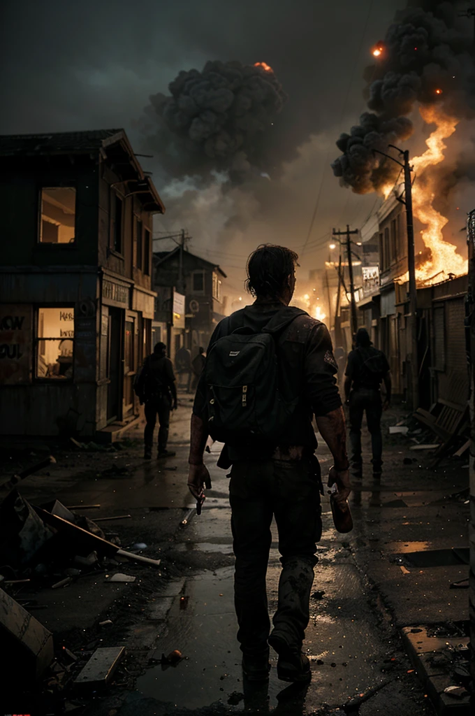 "Back view of a rugged and dirty man with a sturdy build, carrying a backpack, standing in the left corner of the image. He holds a blood-stained baseball bat in his hand, looking at a chaotic, deserted community after a zombie outbreak. In the distance, 3-4 zombies are wandering around aimlessly, and 2 more zombies are feasting on a corpse. The center of the image focuses on the chaotic town overrun by the zombie outbreak, with black smoke rising into the sky from burning fires. The smell of smoke and the eerie silence of the once-lively town create a terrifying and hopeless atmosphere in the daytime."