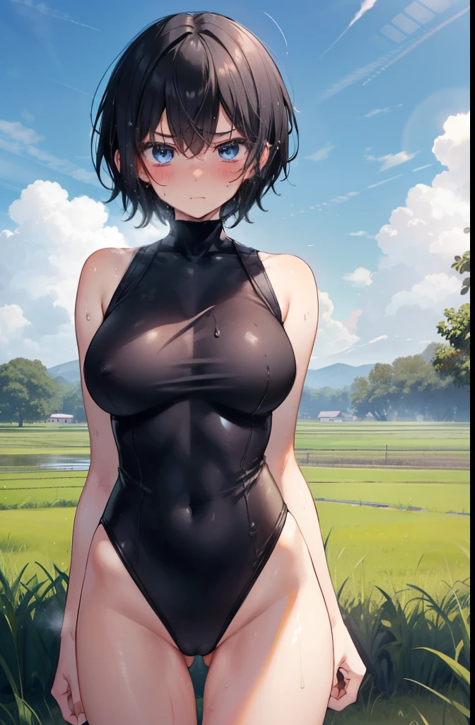 high school girl,Boyish hairstyle,Black Hair,Very Short Hair,Black leotard,Super High Leg Cut,Sweaty,Wet,Troubled face,blush,blue eyes,countryside,Paddy field,Serious face,sun,Large Breasts,Cowboy Shot