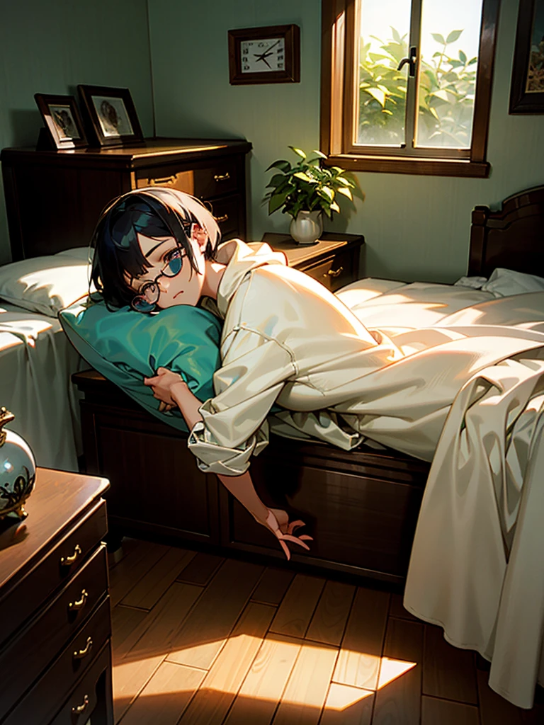 1girl, short hair, wearing white hoodie and black shorts, inside the bedroom, in the bed, sitting, sleepy expression, morning, there are few books inside the room, a dresser with glasses, alarm and some plants on pot on top of the dresser, wooden floor, some stuff in the wall like calendar, clock, warming calm ambience, light coming from the window, masterpiece, ultrahd, 4K