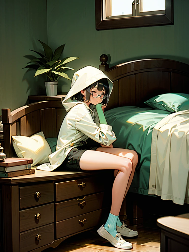 1girl, short hair, wearing white hoodie and black shorts, inside the bedroom, in the bed, sitting, sleepy expression, morning, there are few books inside the room, a dresser with glasses, alarm and some plants on pot on top of the dresser, wooden floor, some stuff in the wall like calendar, clock, warming calm ambience, light coming from the window, masterpiece, ultrahd, 4K