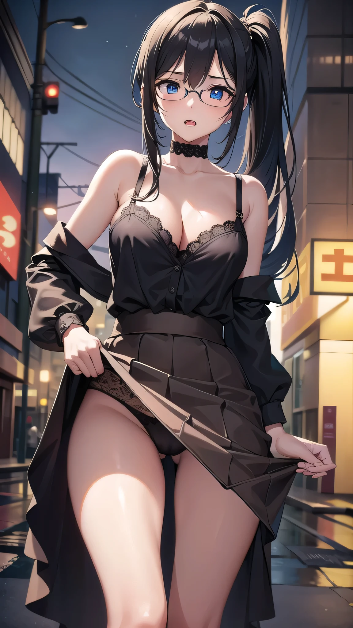 BREAK (masterpiece:1.2), best quality, high resolution, unity 8k wallpaper, (illustration:0.8), (beautiful detailed eyes:1.6), extremely detailed face, perfect lighting, extremely detailed CG, (perfect hands, perfect anatomy),city,street,night,wet road, city lights,teacher,long haired,black hair,ponytail,glasses,hair between eyes, big eyes, blue eyes,white blouse,cleavege,neckline,unbutton blouse,medium breasts,lace bra,,skirt,brown skirt,long skirt,pencil skirt,fishnet stockings,horny face,open mouth,black choker,upskirt,panties,showing panties,long legs,from below,from behind,showing ass,bend down.