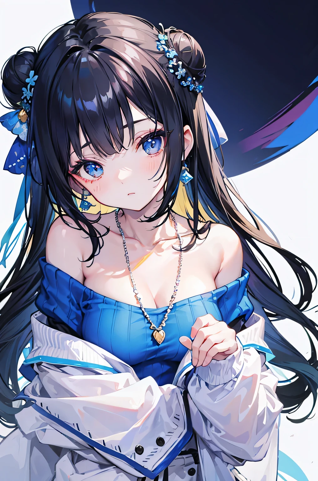 Blue sweater with off-shoulder design,Fair skin and beautiful appearance,Black hair bun,Sweet peach face makeup,necklace