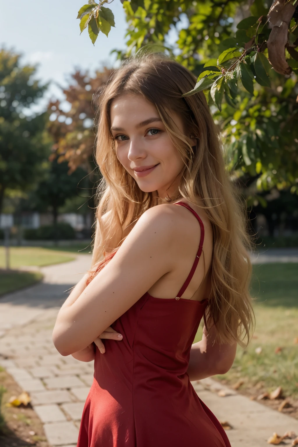 Create an ultra-realistic scene featuring a stunning 19-year-old woman with a beautiful face, standing outdoors. She is wearing a form-fitting red dress that highlights her attractive figure. She has long blonde hair and dark green eyes, with highly detailed facial features that capture her natural beauty. The setting around her complements her elegance, enhancing the overall visual appeal of the scene.