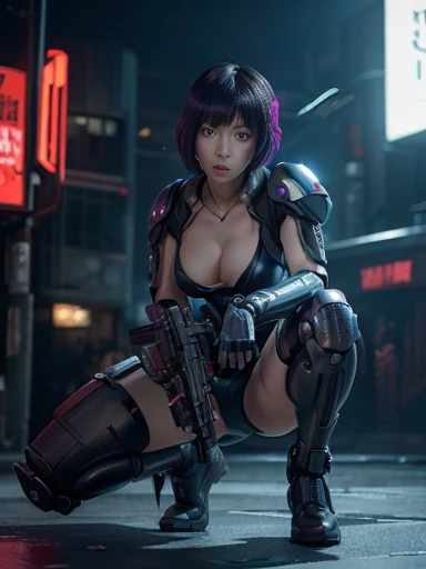 (underweight),ghost in the Shell,Motoko Kusanagi,(machine armour:1.2), (shooting a gun in front of her),(Tachikoma:1.2),cyberpunk, Steampunk, dark atmosphere