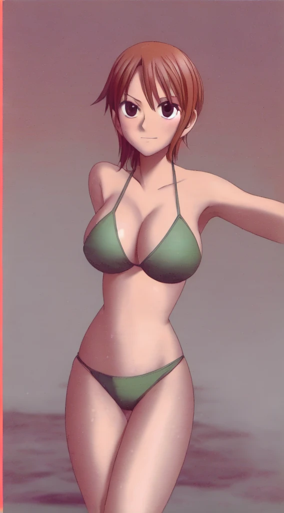 Nami, with her and beautiful legs, is standing in a bikini with her hands on her hips.。
