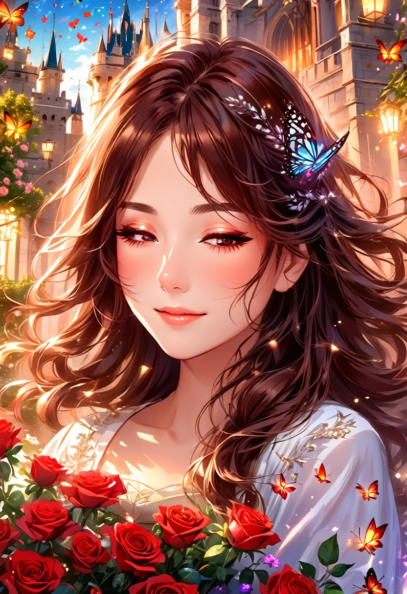 A beautiful woman with long brown hair holding a bouquet of red roses. Her eyes are closed and she brings the bouquet closer to her face. Sparkling, beautiful hair, perfect face, anime style. The background is a fantastic castle, and there are many glowing butterflies around.々