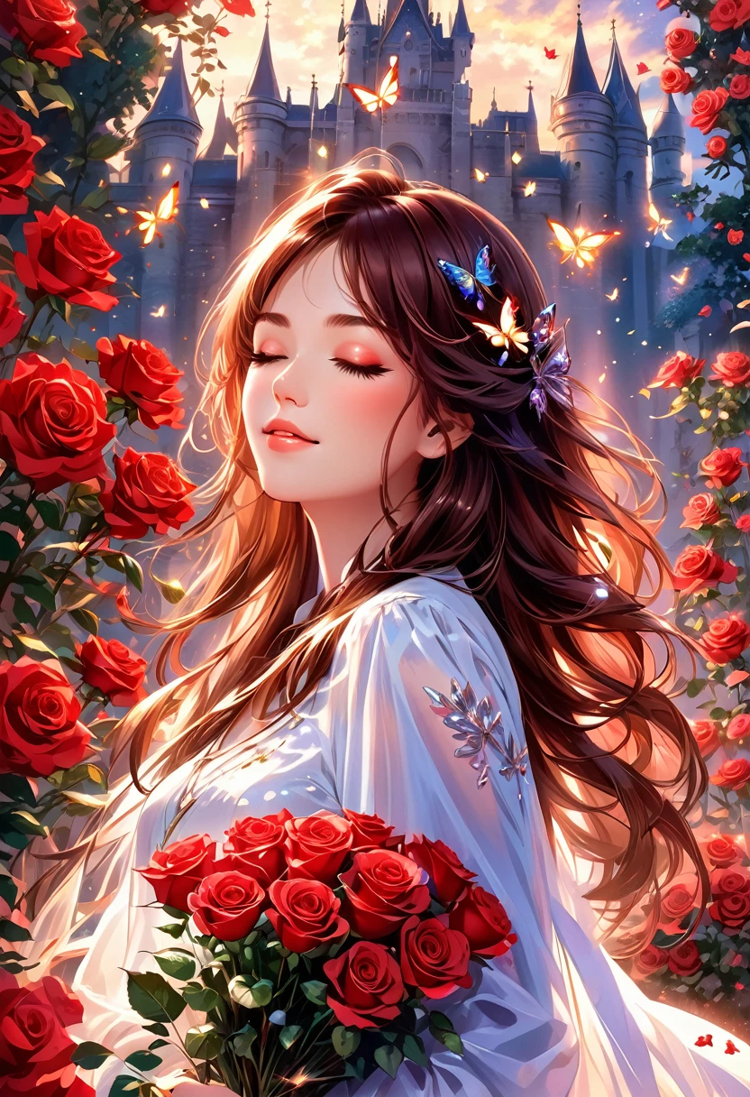 A beautiful woman with long brown hair holding a bouquet of red roses. Her eyes are closed and she brings the bouquet closer to her face. Sparkling, beautiful hair, perfect face, anime style. The background is a fantastic castle, and there are many glowing butterflies around.々