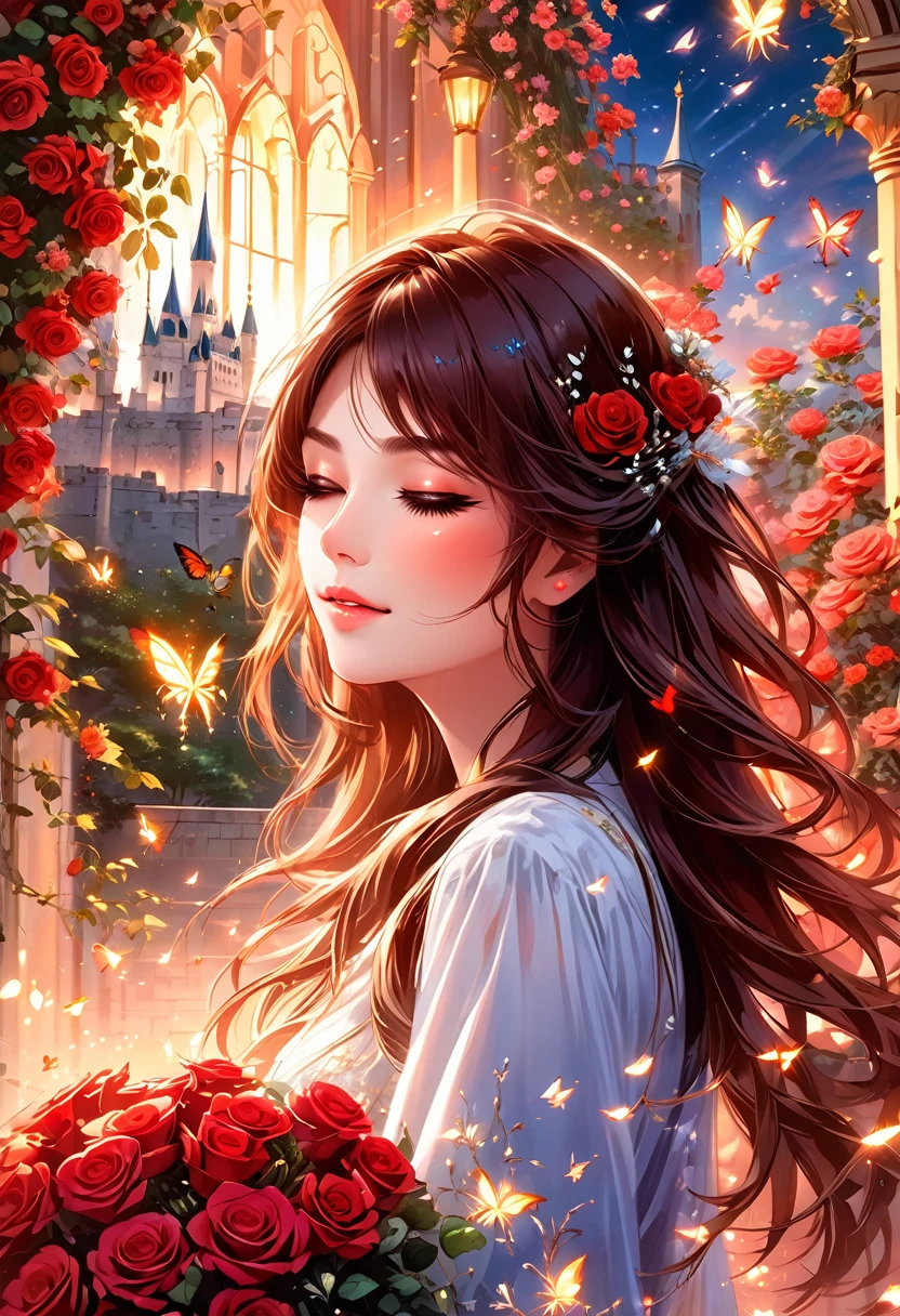 A beautiful woman with long brown hair holding a bouquet of red roses. Her eyes are closed and she brings the bouquet closer to her face. Sparkling, beautiful hair, perfect face, anime style. The background is a fantastic castle, and there are many glowing butterflies around.々