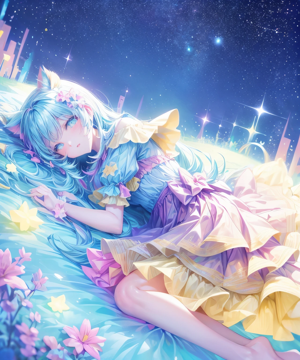 Describe a scene in which a cute girl character is lying on a grassy hill, Look up at the starry sky. Surround her with colorful nebulae and her favorite constellations.