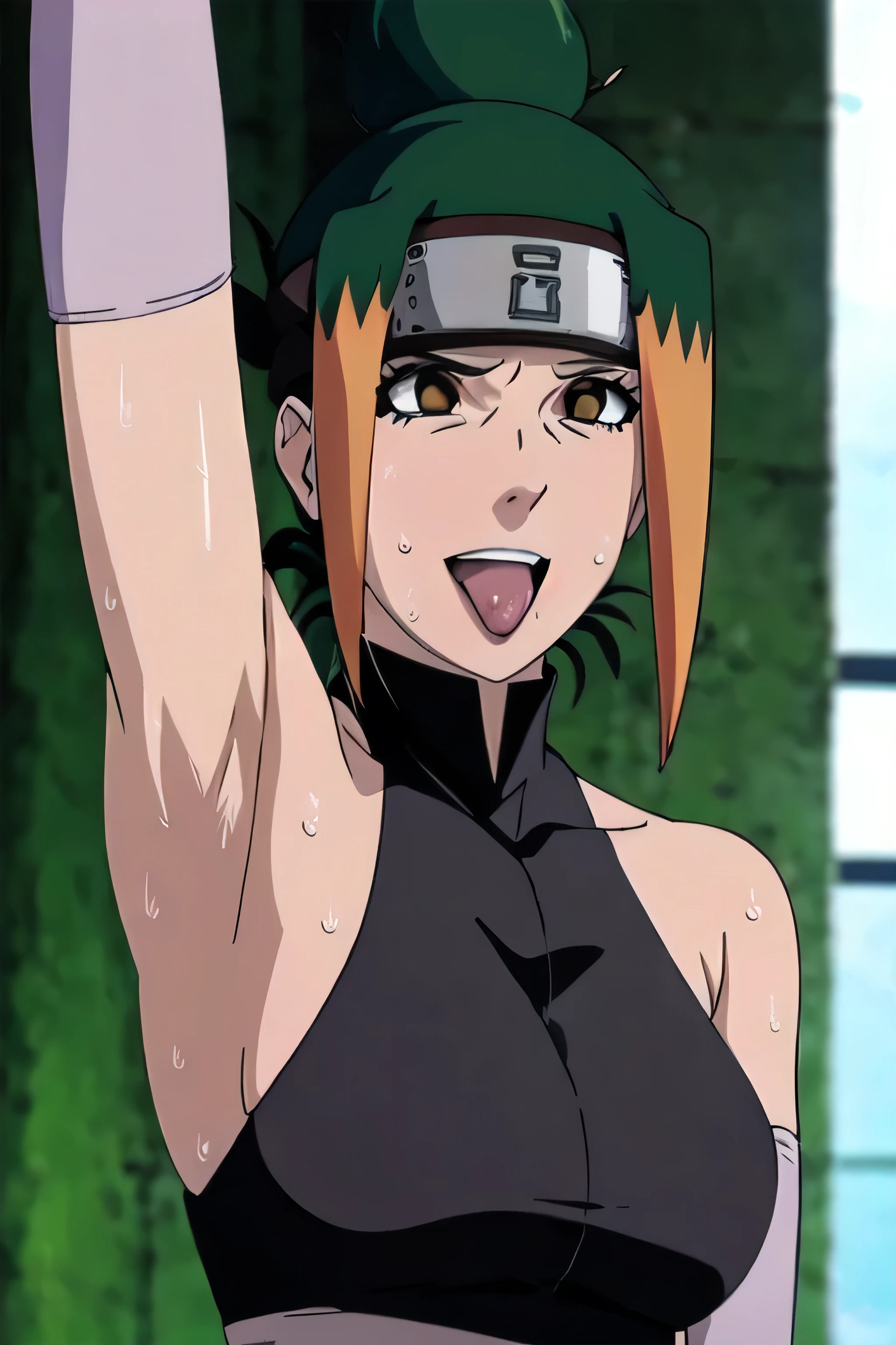 PAKURA, 1girl, solo, upper body, facing viewer, looking at viewer, smile,armpits,armpit,sweat,sweaty,sweaty armpits,awesome armpits,tired,exhausted,sensual expression
