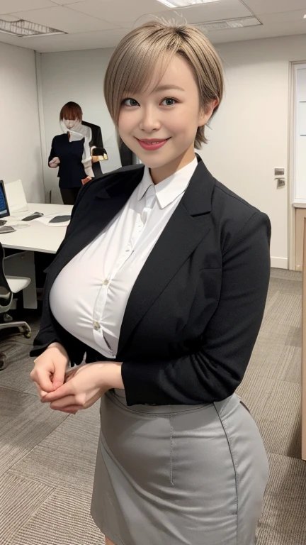 In 8K、Ultra-high resolution、Highest quality、Masseter muscle area、Photorealistic、Ultra-high resolution、(Huge 、Quite large breasts、Toned body:1.3)(Always an office lady、Wet white shirt、must wear a gray tight skirt and jacket、Office in a high rise building:1.3)(Dark blonde hair and extremely short hair、Japanese women、very cute、Cute Smile:1.28)Black Pin Heels