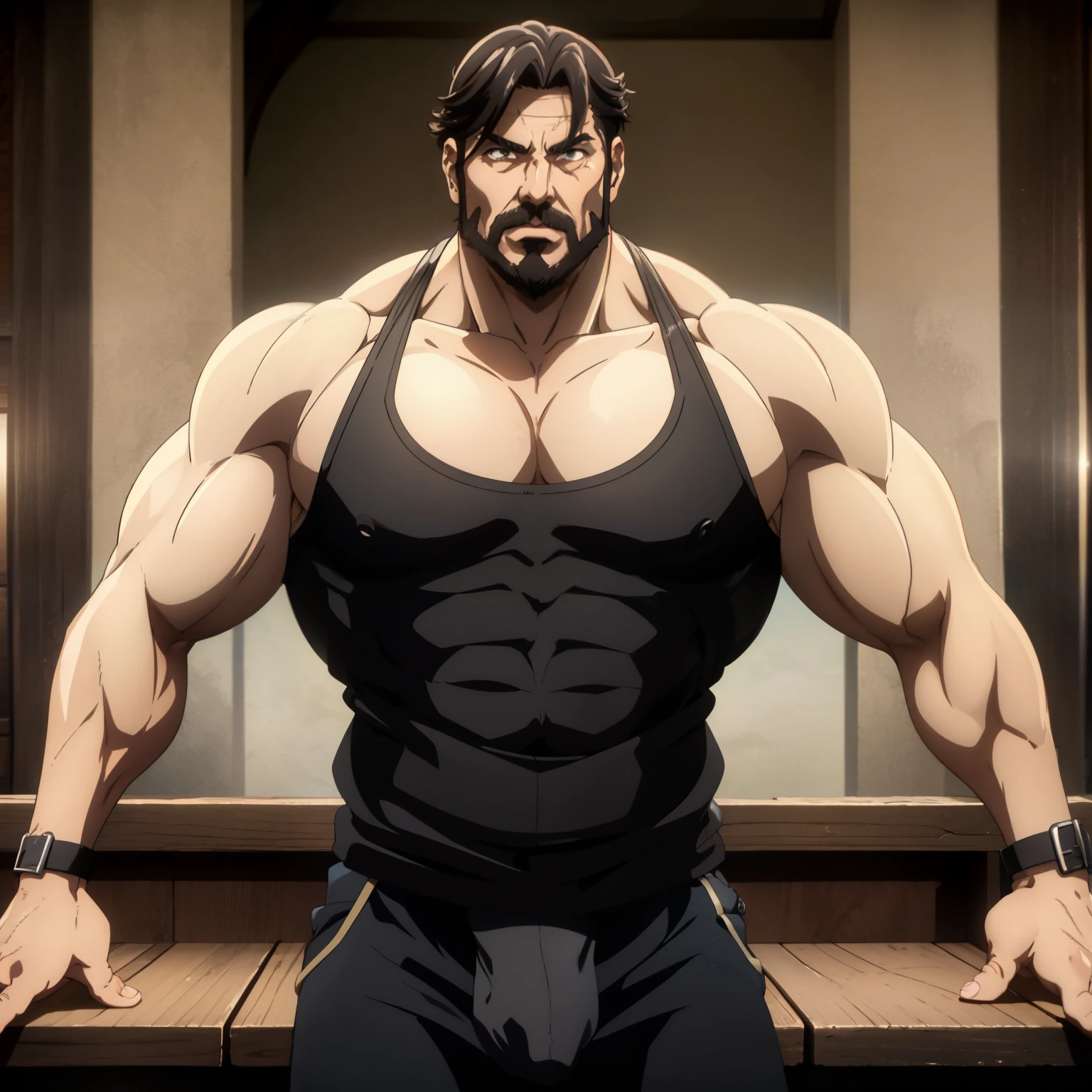 One handsome bodybuilder man, sebas, sitting in a bench at the beach, muito ???????, imponente, Vista lateral, below pov, corpo inteiro, 50 years old, grey short hair , thick grey beard, dark oliva skin color, peitorais largos, peitorais enornes, hair ?????, pose sensual, rindo do espectador, wearing a wet black tank top and a tight speedo ?????????, very cleavage shirt, wet body, ???? arms, big bulge, thick thights, ele está sentado de pernas abertas, grande protuberancia na virilha, grande virilha, Obra-prima maravilhosa altamente detalhada, beautiful cinematic light deep focus, elegante, Pintura digital, sementes, sharp focus, golden ratio, dramatic lighting, 8k