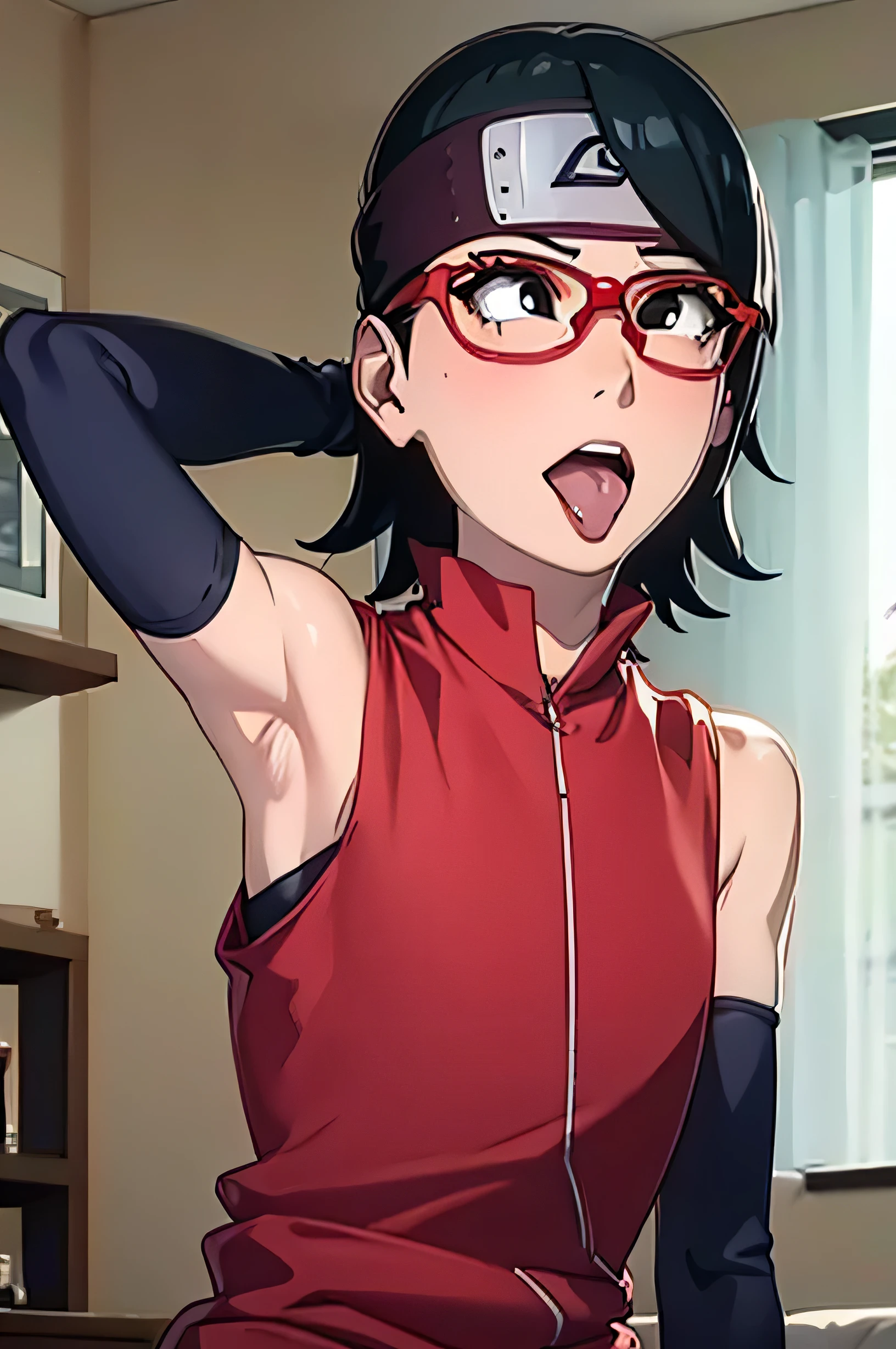 anime screencap, sarada uchiha, sarada, 1girl,solo, wavy black hair, wavy short hair, wavy hair, wavy hairstyle, black eyes,small breasts,armpits,wet armpits, showing wet armpits, armpit,armpits,sweat,sweaty,sweaty armpits,awesome armpits,tired,exhausted,arms up,red rimmed glasses,blackish arm warmers