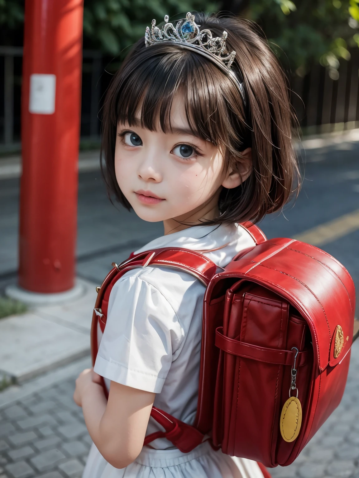 Masterpiece, hd, Asian,realistic,5 year old girl,so that the whole body can be seen,Fluttering clothes, princess Costume, princess dress,(princess dress:1.2),  vivid, medium hair, wear tiara,well-groomed face,short hair,kindergarten,cute, wearing red backpack, (backpack:1.2)