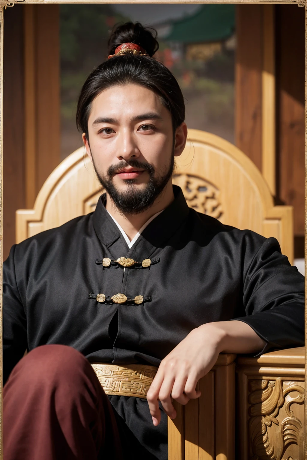 oriental-like、a adult man wearing ancient Chinese armor、Yuanyou Guan (Yuanyouguan), ancient chinese hairstyle, happy face, three kingdoms、top-quality、masterpiece、超A high resolution、(Photorealsitic:1.4)、Game Posters、Black clothes、long beard, inspired by caocao