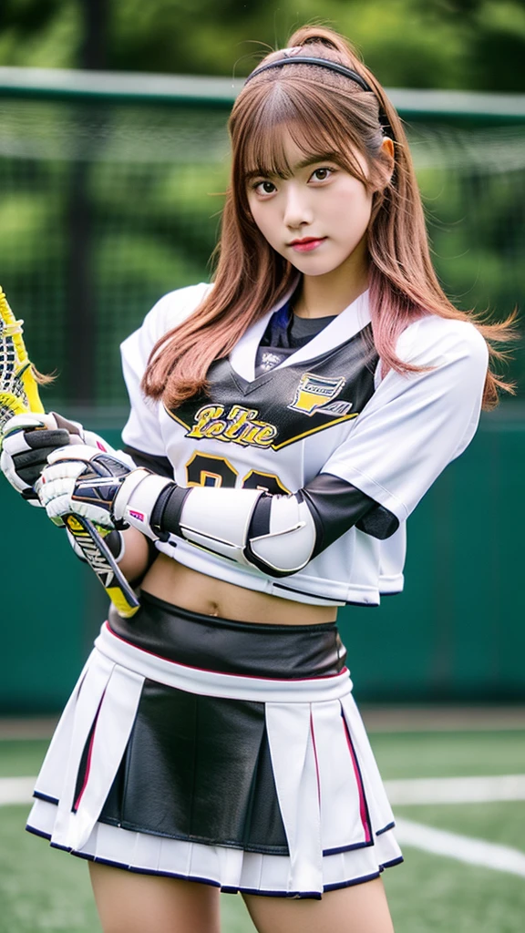 (masterpiece, ultra-detailed, ultra-realistic, best quality, clear focus, photorealistic), (ultra-high resolution, 8k, 16k:1.3), (full body:1.3), very wide shot, perfect anatomy, perfect face, (detailed face, detailed eye:1.3), 16 years old Japanese girl, strong lacrosse player, (wearing extremely tight fitting cute colored famous team's lacrosse uniform with team's logo made of very thick glossy leather:1.2), (very cool lacrosse shoes), team's logo, (very large breasts:1.3), slim waist, (extra-long pink hair, wet hair), (very beautiful with very cute but cool boyish face), (bad girl:1.2), (eyeliner:1.3), (playing lacrosse:1.4), (dynamic angle:1.2), (very slender but extremely muscular), extremely broad shoulders, (hip focus:1.3), (at lacrosse field:1.2), shoot from behind