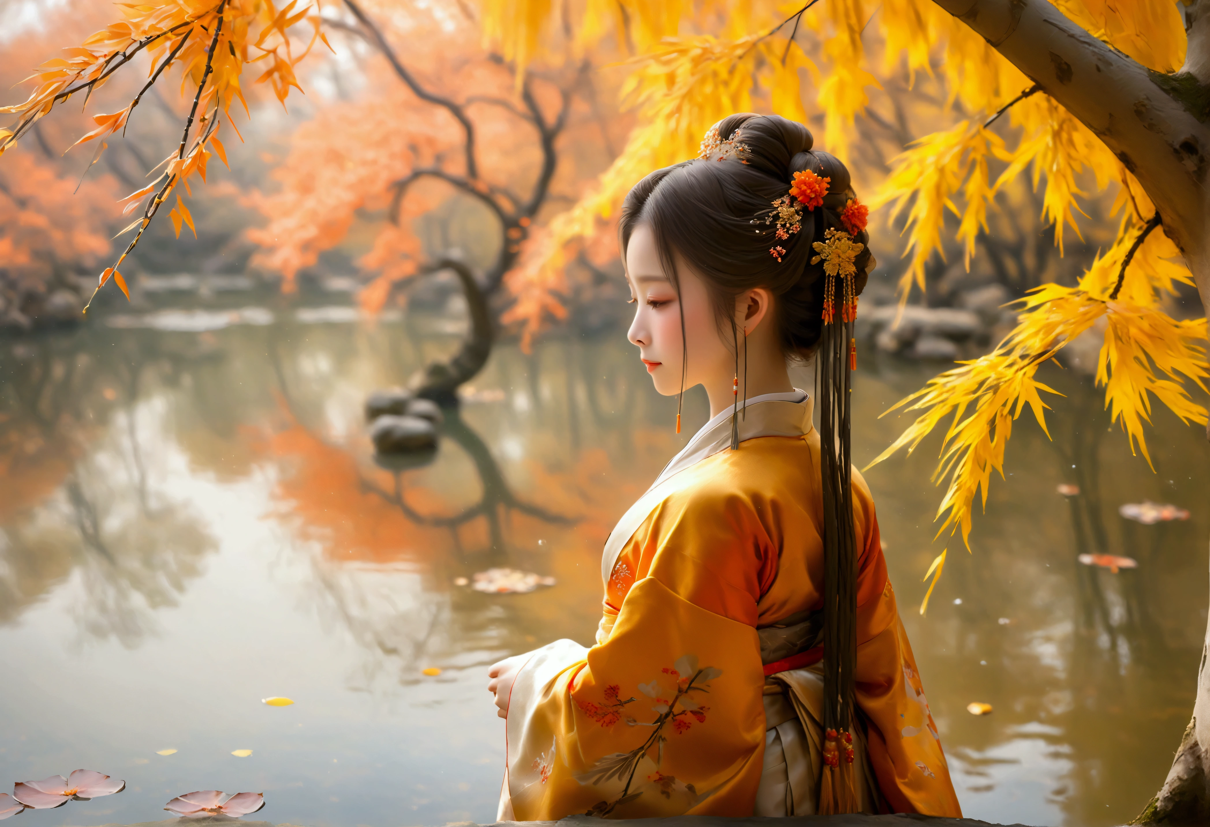 A beautiful girl in a beautiful Hanfu leans against a willow tree by a tranquil pond, her outfit featuring a soft combination of orange and yellow, reflecting the colors of the autumn leaves. Her hair is styled in an elegant updo, adorned with a delicate flower hairpin. The rustling of the leaves and the calm water create a serene atmosphere, inviting the viewer to share in her quiet contemplation of the season's beauty.