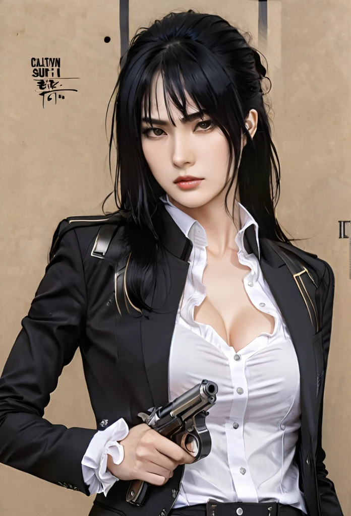 (masterpiece high quality, modern clothes) face focuss, 3x4 , 24 years, caitlyn, black hair, 1girl, long hair, bangs, black attire, normal , messy hair, white top suit, black clothes, anime style character, highly detailed exquisite fanart, realistc anime, black eyes, pistol on the waist, gun 1911
