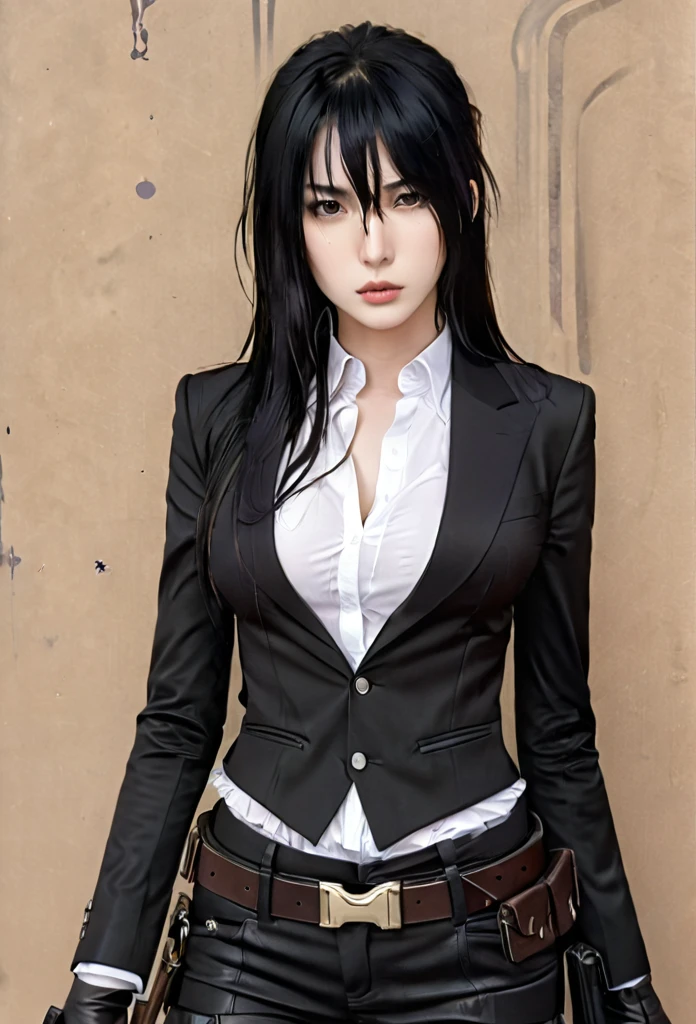 (masterpiece high quality, modern clothes) face focuss, 3x4 , 24 years, caitlyn, black hair, 1girl, long hair, bangs, black attire, normal , messy hair, white top suit, black clothes, anime style character, highly detailed exquisite fanart, realistc anime, black eyes, pistol on the waist, gun 1911
