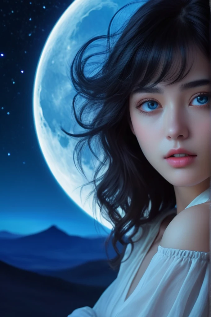 Super ultra Quality,Greatest detail,Masterpiece,ultra high resolution,ultra realistic 8k cg,Ultra Masterpiece,high end resolution,Imagenarium,amazing,dreamlike art,A lanscape surround blue cosmos resonate the moon, a fantasy world with a wide stunning views,professional art,
